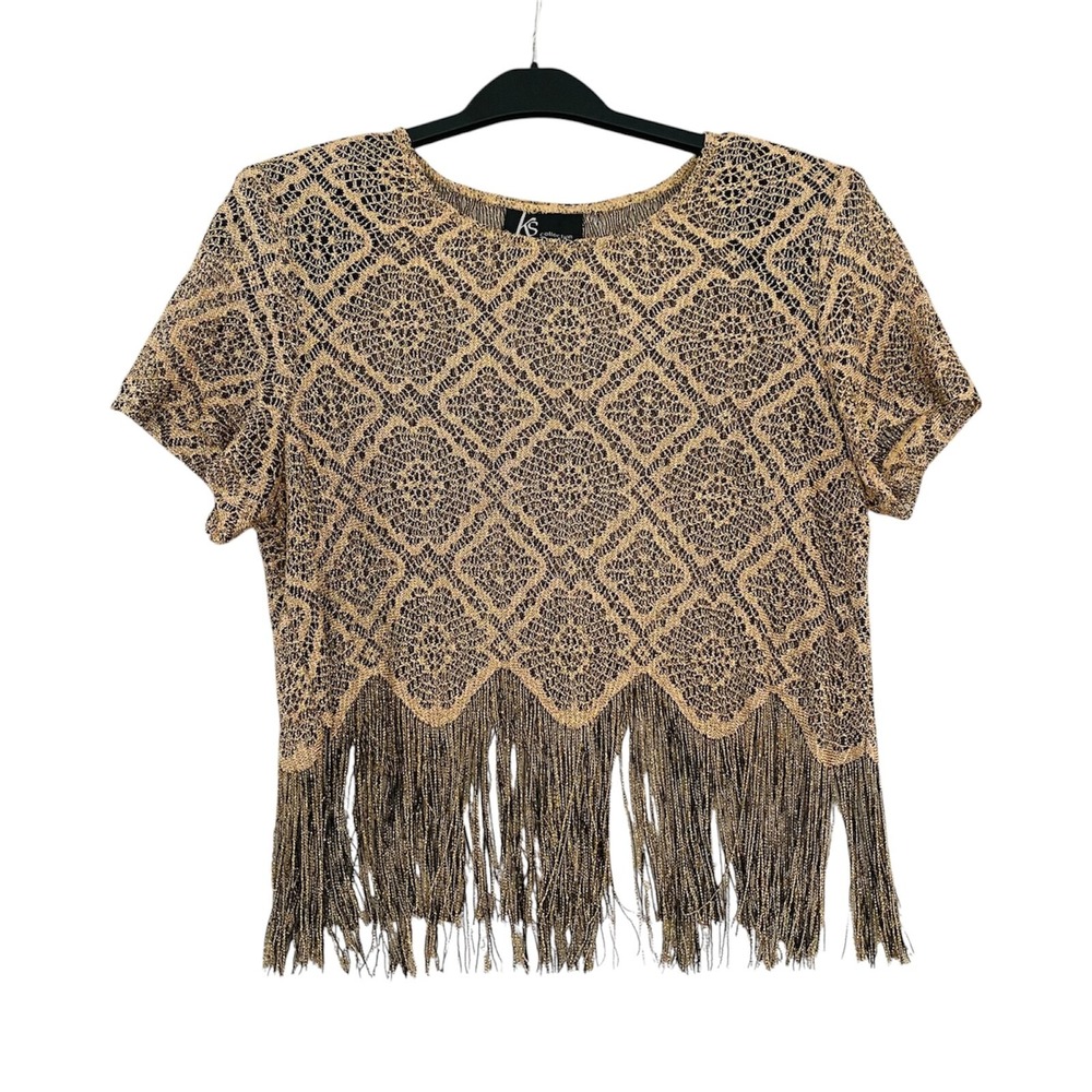 KS Collection Fringe Crochet Top Womens S/M Gold Black Excellent Metallic Mesh